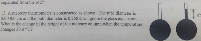 Mercury constructed thermometer shown has diameter capillary bulb tube solved formulas steps please show